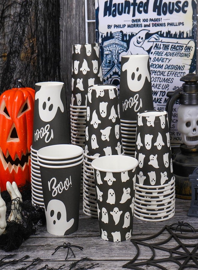 JarThenaAMCS 100 Pcs Halloween Ghost Paper Cups Black White Ghost Boo Disposable Cups for Hot Cold Drinks Halloween Birthday Holiday Party Table Supplies, 9 Oz - Image 3